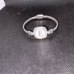 Silver Tone White Enamel & Rhinestone Initial E Bracelet W/ Magnetic Clasp